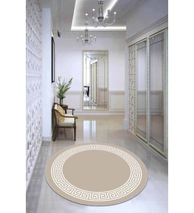 Bej Çerçeveli Kaymaz Tabanlı Yıkanabilir Yuvarlak Halı AR511 - 100 x 100 cm