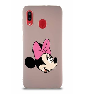 Samsung Galaxy A20 Soft Premier Kapak Minnie Mouse-A Tasarımlı Silikon Kılıf - Pudra (Şeffaf)
