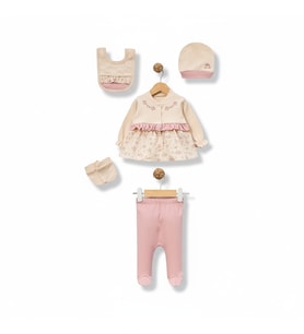 KIZ BEBEK 0-3 AY ÇİÇEK NAKIŞLI ORGANİK PAMUK 5 Lİ SET (Pembe)
