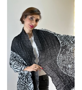 KABARTMA ÇİÇEKLKİ LİCRALI KALIN KADIN ŞAL 200X40 CM (Siyah)