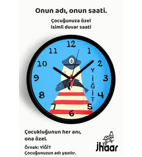 İsme Özel Denizci Martı ve Balık Çocuk Odası Duvar Saati Orta Boy 30 cm Siyah Camlı Sessiz