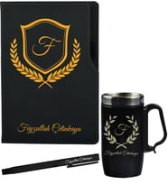 İş Arkaşına Kişiye Özel Hediye Siyah Defter Termos - Mug ve Roller Kalem Hediye Seti