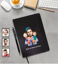 Kişiye Özel Babalar Günü Baba Kız Erkek Kardeş Karikatürlü Siyah Defter Kalem Hediye Seti Model-1