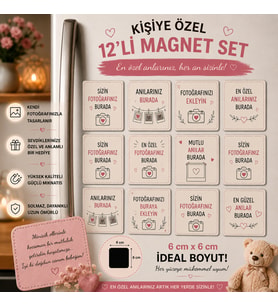 12'li Kare Fotoğraf Magneti Kişiselleştirilebilir İstenilen Fotoğraflarla Anı Hediye Seti