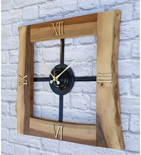 Markakanvas Doğal Ceviz Masif Ahşap,Metal Kare Duvar Saati 50x50cm (Altın)