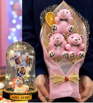 Size Özel 3 Fotoğraflı İsimli Led Işıklı Fanus ve Büyük Boy Pembe Ayıcık Buketi (Model 5)