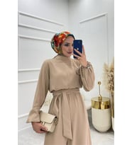 Neşeli butik kadın bej kuşaklı gül detaylı salaş tulum NMS003