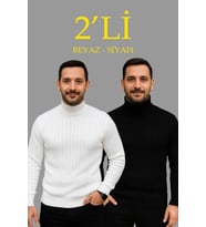 Erkek Fitilli Triko Kazak 2li Set Beyaz Siyah Regular Balıkcı Yaka Tam Boğazlı Triko Seti Modeli Kaz