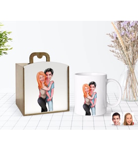 BK Gift Kişiye Özel Ahşap Kutuda Sevgililer Karikatürlü Beyaz Kupa Bardak-85