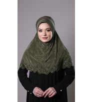 Haki Pratik Hazır Geçmeli Tesettür Eşarp Fukuro Kumaş Piliseli Çiçek Desenli Lazer Kesim 1829_09