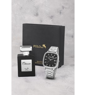 Polo Air Takvimli Dikdörtgen Kasa Hasır Metal Kordon Erkek Kol Saati Ve 55 ml Parfüm Gümüş Siyah Renk ST-5022E3