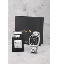 Polo Air Takvimli Dikdörtgen Kasa Hasır Metal Kordon Erkek Kol Saati Ve 55 ml Parfüm Gümüş Siyah Renk ST-5022E3