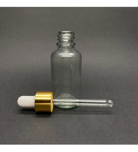 30ml Şeffaf, Cam Şişe, 24 adet, Cam Damlalıklı, Ecza şişesi, Propolis şişesi, Gold Kapak Beyaz Emzik