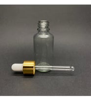 30ml Şeffaf, Cam Şişe, 24 adet, Cam Damlalıklı, Ecza şişesi, Propolis şişesi, Gold Kapak Beyaz Emzik