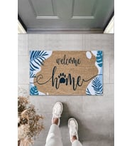 Dijital Baskı Kalitesi Kahverengi Mavi Yapraklı Welcome Home Dekoratif Kapı Paspası