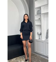 Neşeli butik kadın siyah gömlek yaka eteği drapeli mini boy düğme detaylı elbise NBMY3869