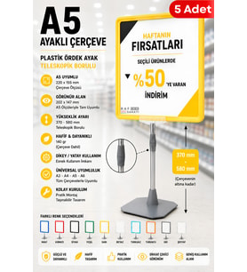 5 Adet - A5 Ayaklı Çerçeve Seti Plastik Ördek Ayak Teleskopik Borulu Fiyat Etiketliği Yönlendirme Levhası Menü Panosu Sarı