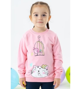 Breeze Kız Çocuk Sweatshirt Simli Kedicik Baskılı 1.5-5 Yaş, Pudra
