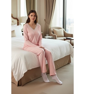 Kadın Melanj Dantelli Uzun Kollu Pijama Takımı Fonksiyonel Dayanıklı Kaliteli Konforlu Şık