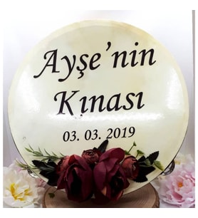32 Cm Şakayik ve Enengül Çiçek  Süslemeli  Deri Tef İsim Baskılı-