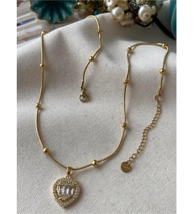 Altın Kaplama 316L Kararmaz Zirkon Taşlı Kalp Modeli Çelik Kolye (Gold)