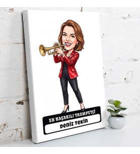 Trompetçiye Hediye Kadın Karikatürlü Kanvas Tablo