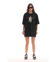 Unisex Bisiklet Yaka Baskılı Oversize T-Shirt - Siyah