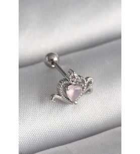 316L Çelik Gümüş Renk Pembe Mineli Kalp Zirkon Taş Detay Tragus Piercing - TJ-PR1261