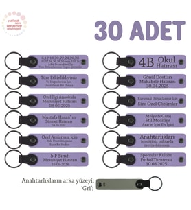 Plates Stüdyosuna Özel Tasarım İsimli Anahtarlık 30’lu Set, Müşterilere Hediye, Mor Menekşe & Gri (Lila - Mor)