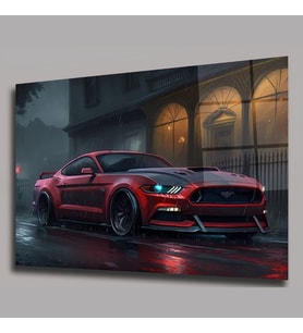 Kırmızı Mustang Yağmurlu Gece Tablosu