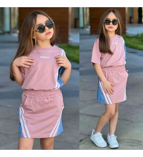 Kız Çocuk Şerit Detaylı Jean Garnili Etekli Takım – Pembe Spor Şık 2’li Takım 32096-P