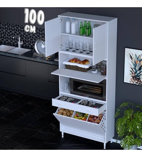 Eliusta Zevra 100 cm Fırın Dolabı Sepetli Kapaklı 4 Bölme Çok Amaçlı Mutfak Kiler Banyo Dolabı 100x226x32 cm