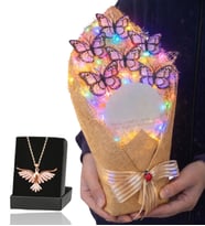 Renkli Led Işıklı Aynalı Kelebek Buketi ve Zümrüdü Anka Kuşu Kolye (Beyaz)