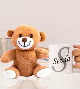 Kişiye Özel 25cm Peluş Ayıcık Ve Baş Harf Ve İsimli Tasarımlı Beyaz Kupa