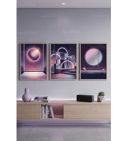 Synthwave Geometri Neon 3’lü Ahşap Çerçeveli Tablo Seti