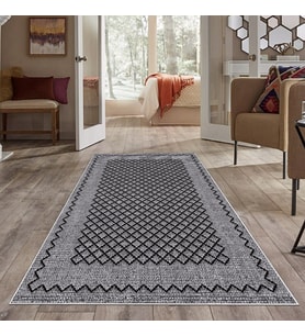 Gri Kenar işleme Yıkanabilir Kaymaz Taban Leke Tutmaz Modern Salon Halısı ve Yolluk (Siyah)