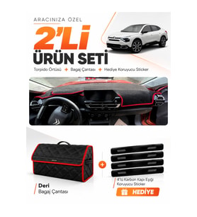 CITROEN C4X DİSPLAYSİZ (2020-2026) Uyumlu Torpido Örtüsü + Deri Bagaj Çantası + Sticker Seti - Siyah Kırmızı