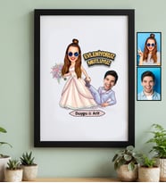Kişiye Özel Karikatürlü Gelin Damat Evleniyoruz Mutluyuz Siyah Çerçeve Sevgililer Günü Hediyesi