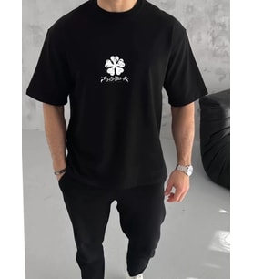 pilelistore- Unisex Bisiklet Yaka Baskılı Oversize T-Shirt - Siyah