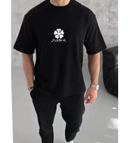 pilelistore- Unisex Bisiklet Yaka Baskılı Oversize T-Shirt - Siyah