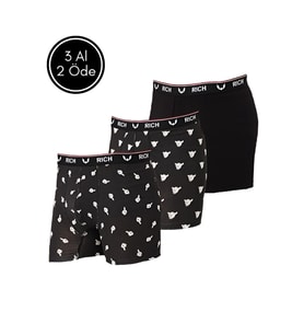 Erkek Likralı Desenli ve Düz 3'lü Boxer Paketi (Siyah)