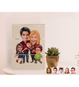 BK Gift Kişiye Özel Tesettürlü Aile Karikatürlü Otantik Masaüstü Ahşap Palet Çerçeve-5 (Beyaz)