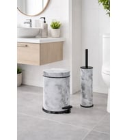 Beyaz Mermer Desenli 2'li Banyo Seti, Metal Çöp Kovası ve WC Fırçası