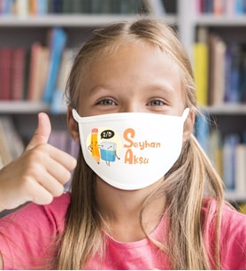Çocuklara Özel İsimli Sınıflı Yıkanabilir Beyaz Okul Maskesi-4