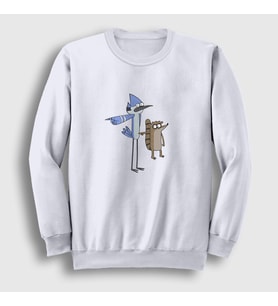 Presmono Unisex Beyaz Pointing Mordecai And Rigby Regular Show Sweatshirt 449623tt (Beyaz)
