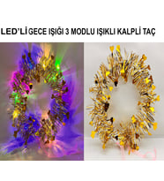 Kalp Püsküllü Gece Parıltısı 3 Modlu LED&amp;#39;li Işıklı Taç Altın Renk