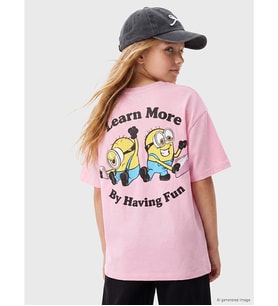 LCW Kids Pembe Bisiklet Yaka Minions Baskılı Kız Çocuk Tişört