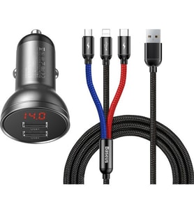 Baseus Çift USB Göstergeli 4.8A Araç Şarj Cihazı 3in1 Kablo 1.2 mt Tzccbx-0g