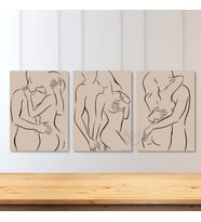 Dikey 3'lü Kanvas Tablo Aşık Çift Line Art Minimal Tasarım Modern Duvar Tablosu (Bej-Nude)