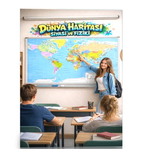 🌍 Laminasyonlu Dünya Haritası (Siyasi & Fiziki) – Çift Taraflı, Dayanıklı, Eğitici